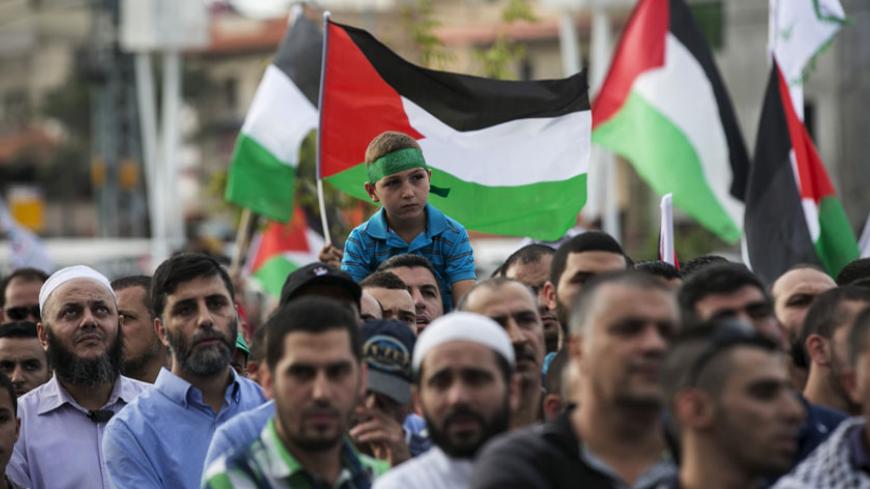 Israeli-Arabs hold Palestinian flags during a pro-Palestinian demonstration in the northern Israeli town of Sakhnin October 13, 2015. Israel's leading Arab politician was in the middle of a television interview on a street in its biggest Arab city when the mayor, also an Arab, pulled up in his car and started shouting at him to leave. With Palestinian knife attacks on the rise, the live TV encounter illustrated a conflict within Israel's Arab minority between sympathy for Palestinian brethren in Jerusalem, 