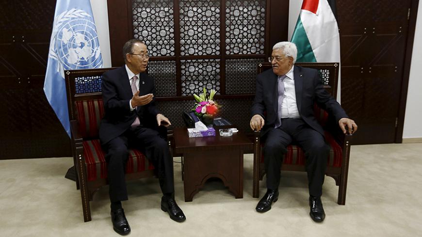 Palestinian President Mahmoud Abbas (R) meets U.N. Secretary-General Ban Ki-moon in the West Bank city of Ramallah October 21, 2015. Ban urged Palestinians and Israel on Tuesday to step back from a "dangerous abyss" as he arrived on a snap visit to the region at the head of international efforts to quell three weeks of violence. REUTERS/Alaa Badarneh/Pool - RTS5FEH