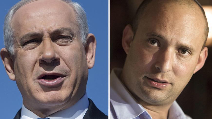 A combination photo shows Israel's Prime Minister Benjamin Netanyahu in Jerusalem on January 21, 2013 and Naftali Bennett (R), leader of the Bayit Yehudi party, in Tel Aviv on January 20, 2013. Netanyahu clinched a deal to form a new government on May 6, 2015, just before a deadline was to expire, but the coalition will rule by only the slimmest of majorities in Israel's turbulent parliament. "Israel now has a government," Bennett, the head of the far-right Jewish Home party announced at parliament after ho