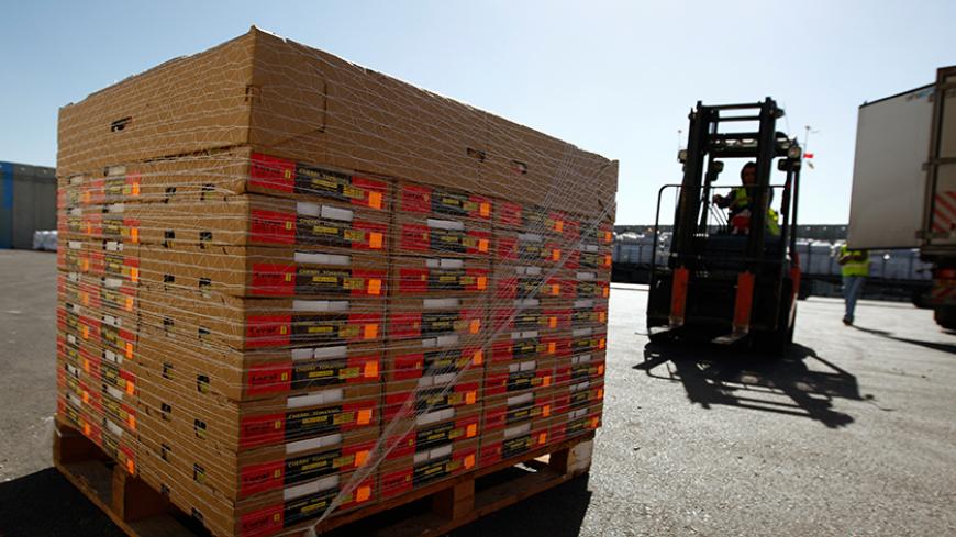 Boxes of cherry tomatoes from the Gaza Strip bound for Europe are seen at the Kerem Shalom crossing terminal March 2, 2011. Israel further eased its blockade of the Hamas-ruled Gaza Strip on Wednesday by permitting a first truckload of tomatoes exports to pass through their common frontier, officials said. REUTERS/Amir Cohen (ISRAEL - Tags: POLITICS FOOD AGRICULTURE) - RTR2JBUI