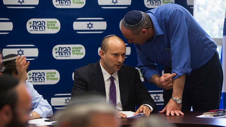 Naftali Bennett (C), attends a Jewish Home party meeting, at the Knesset, the Israeli parliament, in Jerusalem March 4, 2013. A surprise alliance between Israeli political stars, far-right Bennett, and centrist Yair Lapid, who reject privileges for ultra-orthodox Jews is frustrating Prime Minister Benjamin Netanyahu's efforts to form a new government. REUTERS/Ronen Zvulun (JERUSALEM - Tags: POLITICS) - RTR3EK9R