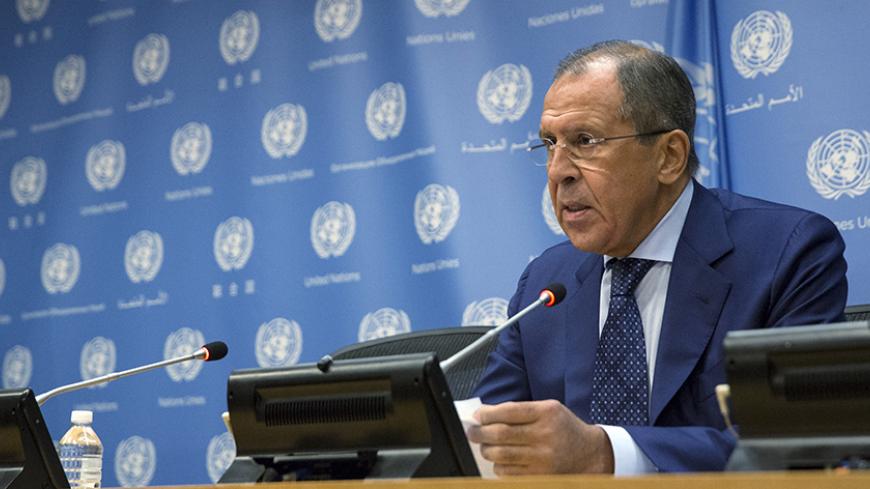 Russian Foreign Minister Sergei Lavrov addresses the media during the United Nations General Assembly at the United Nations in Manhattan, New York, October 1, 2015. Russia and the United States faced off at the United Nations on Wednesday over parallel air campaigns in Syria, with both sides claiming legitimacy for their actions but differing over the role of Syrian President Bashar al-Assad. Russia launched its first air strikes in Syria since the Middle Eastern country's civil war began in 2011, giving on