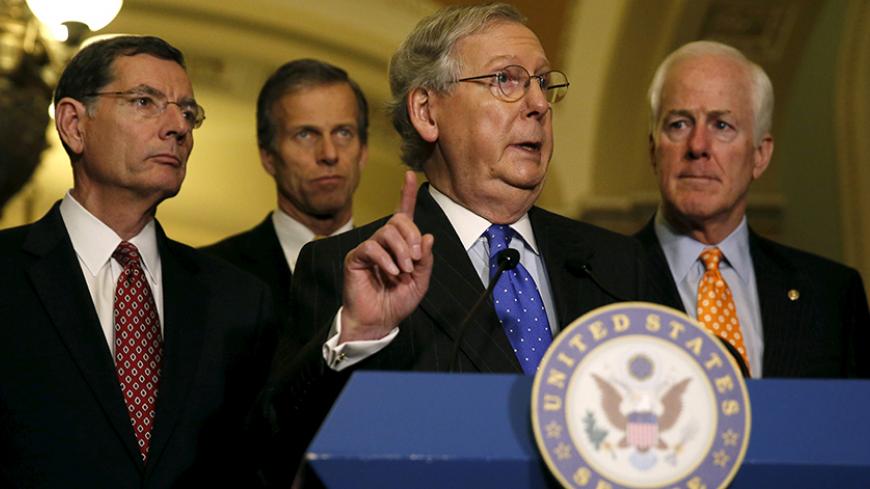 (L-R) Republican Senate leaders Tom Barrasso (R-WY), John Thune (R-SD), Senate Majority Leader Mitch McConnell (R-KY) and John Cornyn (R-TX) hold a news conference on budget negotiations on Capitol Hill in Washington December 15, 2015.     REUTERS/Gary Cameron     - RTX1YUAQ