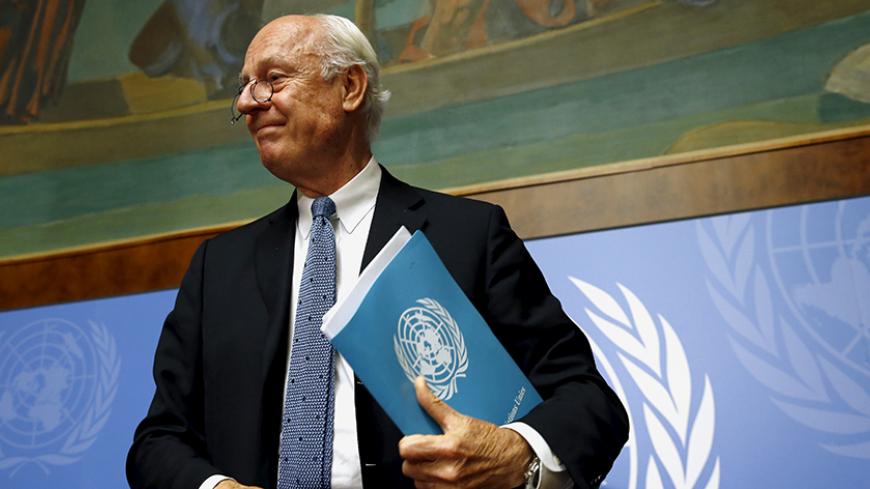 United Nations Special Envoy for Syria, Staffan de Mistura leaves after a news conference on the latest developments in Syria at the United Nations European headquarters in Geneva, Switzerland, October 12, 2015.   The U.N. diplomat trying to convene talks to end the war in Syria said he first hopes to get an understanding between Russia and the United States, which will each then form the core of one or more "contact groups" of interested countries supporting the talks. U.N. envoy Staffan de Mistura told a 