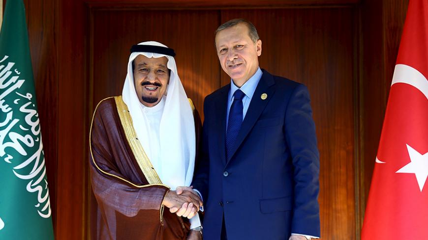 Turkey's President Tayyip Erdogan (R) shakes hands with Saudi King Salman bin Abdulaziz during a luncheon ahead of the G20 summit in Belek in the Mediterranean resort city of Antalya, Turkey, November 14, 2015. REUTERS/Kayhan Ozer/Pool  - RTS6ZYF