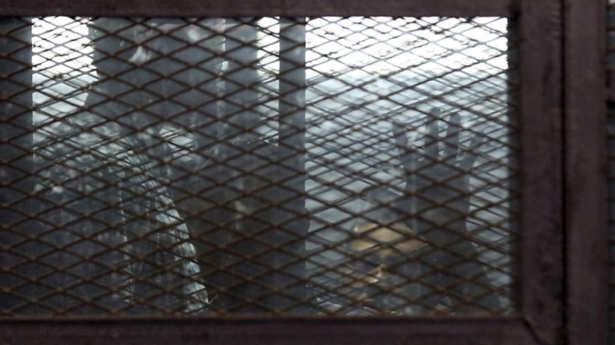 Al Jazeera television journalists Mohamed Fahmy and  Baher Mohamed are seen behind bars before hearing the verdict at a court in Cairo, Egypt, August 29, 2015. An Egyptian court sentenced three Al Jazeera TV journalists to three years in prison on Saturday for operating without a press licence and broadcasting material harmful to Egypt, a case that has triggered an international outcry. The verdict in a retrial was issued against Mohamed Fahmy, a naturalised Canadian who has given up his Egyptian citizenshi