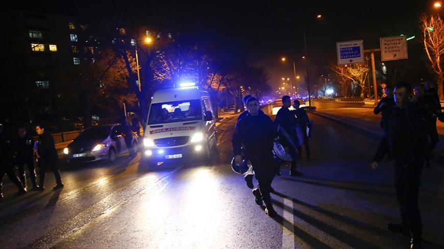 An ambulance arrives after an explosion in Ankara, Turkey February 17, 2016. Five people were killed in an explosion in the Turkish capital Ankara on Wednesday in what appeared to have been a car bomb attack on a vehicle carrying military personnel, broadcaster CNN Turk said, citing the city's governor Mehmet Kiliclar.  REUTERS/Umit Bektas  - RTX27E6K