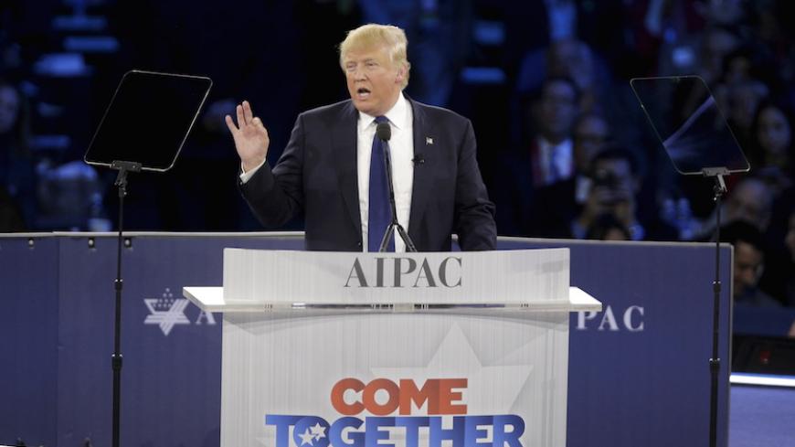 Republican U.S. presidential candidate Donald Trump addresses the American Israel Public Affairs Committee (AIPAC) afternoon general session in Washington March 21, 2016.      REUTERS/Joshua Roberts - RTSBJTM