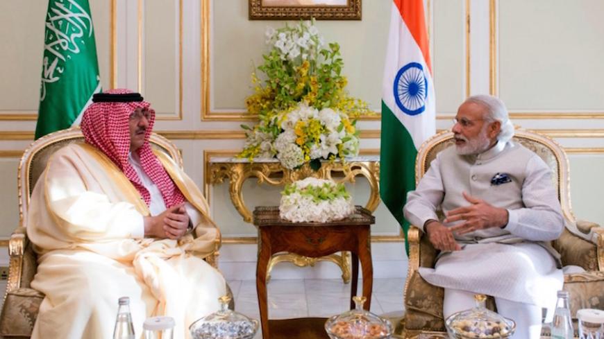 A handout picture provided by the Saudi Press Agency (SPA) on April 3, 2016 shows Saudi Interior Minister Crown Prince Mohammed bin Nayef (L) meeting with India's Prime Minister Narendra Modi in Riyadh. 
Modi is on a visit to Saudi Arabia where he will discuss energy, security and trade cooperation with leaders of the world's largest crude exporter.

 / AFP / SPA / STRINGER        (Photo credit should read STRINGER/AFP/Getty Images)