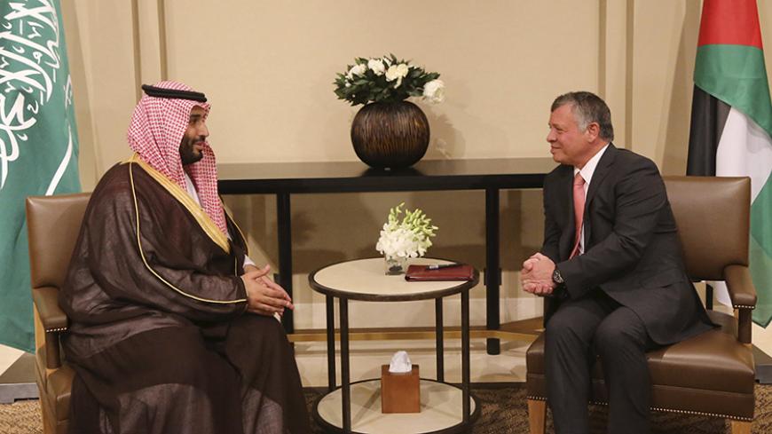Jordan's King Abdullah (R) meets with Saudi Arabia's Deputy Crown Prince Mohammed bin Salman at the Royal Palace in Amman, Jordan, August 4, 2015. REUTERS/Yousef Allan/Jordan's Royal Palace/Handout via Reuters  ATTENTION EDITORS - THIS PICTURE WAS PROVIDED BY A THIRD PARTY. REUTERS IS UNABLE TO INDEPENDENTLY VERIFY THE AUTHENTICITY, CONTENT, LOCATION OR DATE OF THIS IMAGE. THIS PICTURE IS DISTRIBUTED EXACTLY AS RECEIVED BY REUTERS, AS A SERVICE TO CLIENTS. FOR EDITORIAL USE ONLY. NOT FOR SALE FOR MARKETING 
