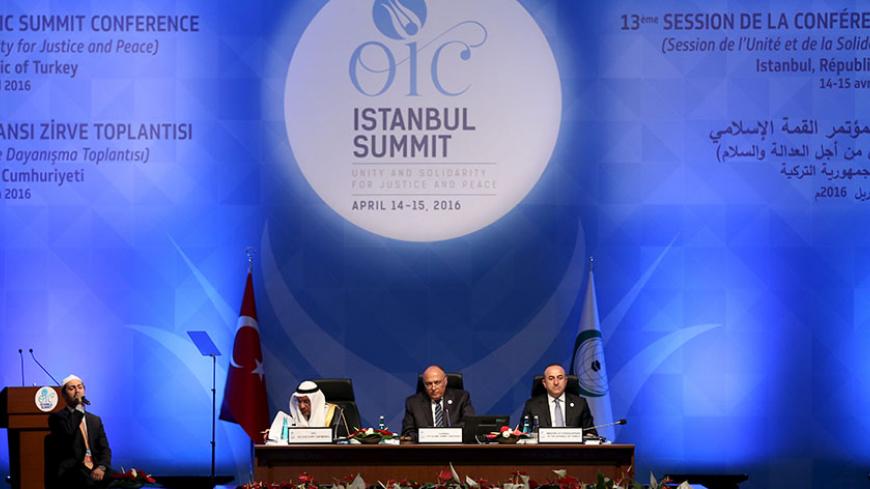 Secretary General of the Organization of Islamic Cooperation (OIC) Iyad bin Amin Madani, Foreign Ministers Sameh Shoukry of Egypt (2nd R) and Mevlut Cavusoglu of Turkey (R) are seen during the opening session of the OIC Istanbul Summit in Istanbul, Turkey April 14, 2016. REUTERS/Sebnem Coskun/Pool - RTX29X4Z
