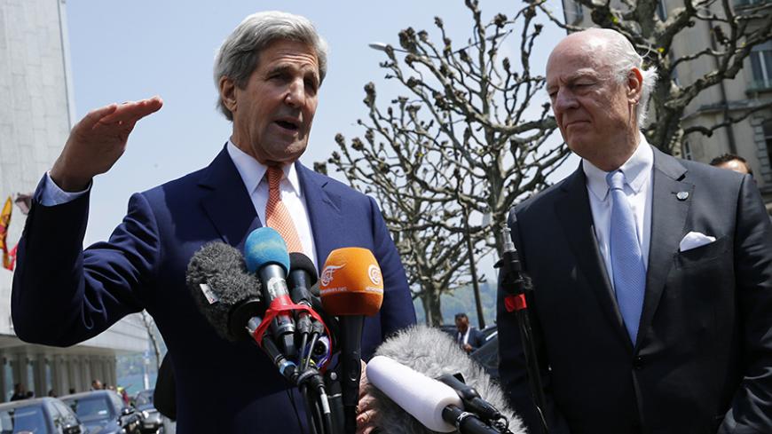 U.S. Secretary of State John Kerry (L) gestures next to United Nations Special Envoy on Syria Staffan de Mistura during a news conference in Geneva, Switzerland May 2, 2016. REUTERS/Denis Balibouse  - RTX2CF6Z