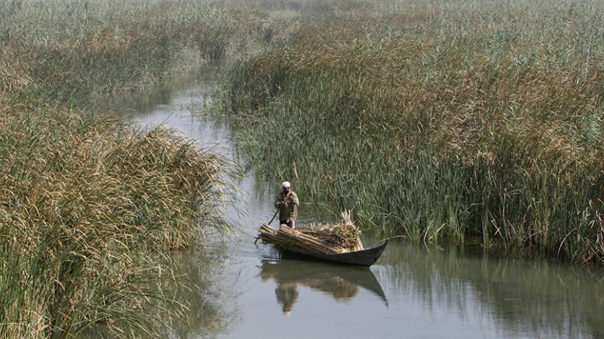 A marsh Arab man paddles a boat loaded with reeds he gathered at the Chebayesh marsh in Nassiriya, 300 km (185 miles) southeast of Baghdad July 27, 2008. Picture taken July 27, 2008. REUTERS/Saad Shalash (IRAQ) - RTR20I4M