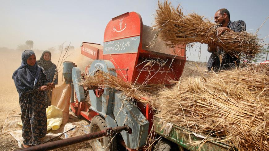 Farmers use a threshing machine as they harvest their wheat crop in Qaha, El-Kalubia governorate, northeast of Cairo, Egypt May 5, 2016. REUTERS/Amr Abdallah Dalsh - RTSED5W