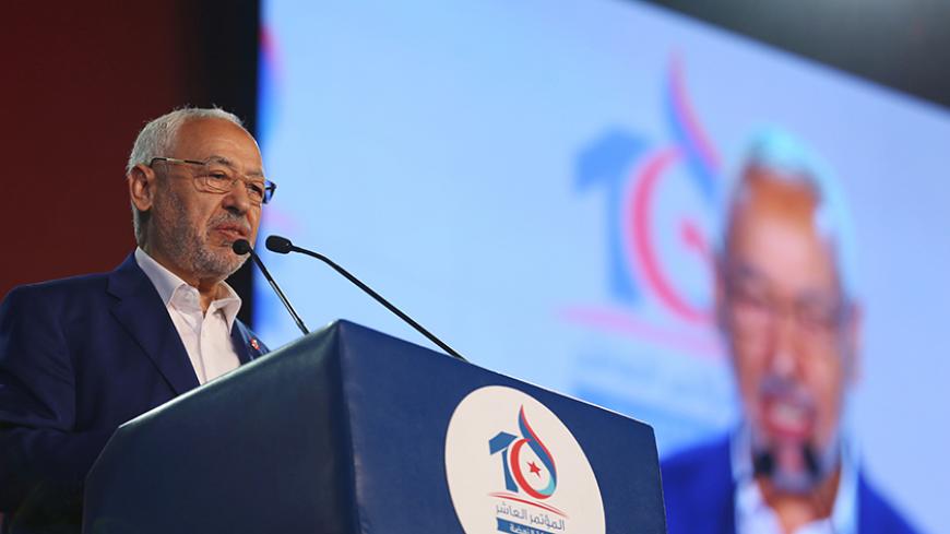 Rached Ghannouchi, leader of the Islamist Ennahda movement, speaks during the movement's  congress in Tunis, Tunisia May 20, 2016. REUTERS/ Zoubeir Souissi - RTSF8BG