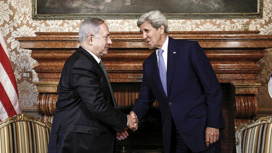 U.S. Secretary of State John Kerry (R) shakes hands with Israeli Prime Minister Benjamin Netanyahu in Rome, Italy, June 27, 2016.     REUTERS/Giuseppe Lami/Pool - RTX2IEZ0
