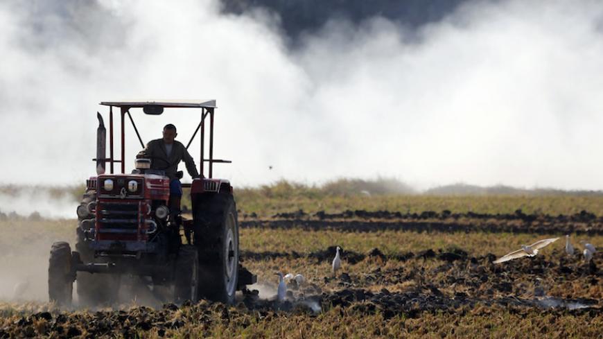 A farmer drives a tractor through smoke from burning rice straw in preparation for the next harvest, at a paddy field in the beginning of the agricultural road leading to Cairo November 1, 2014. According to local media, black clouds rising over the Delta and Cairo have become a yearly event since 1997 which environmentalists and experts have blamed largely on the burning of leftover rice straw by farmers, an agricultural waste management problem which has yet to be solved for almost two decades.  The burni