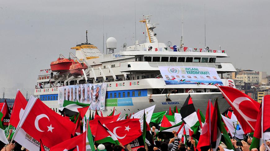 Pro-Palestinian activists wave Turkish and Palestinian flags during the welcoming ceremony for cruise liner Mavi Marmara at the Sarayburnu port of Istanbul December 26, 2010. REUTERS/Stringer/File Photo - RTX2IC48