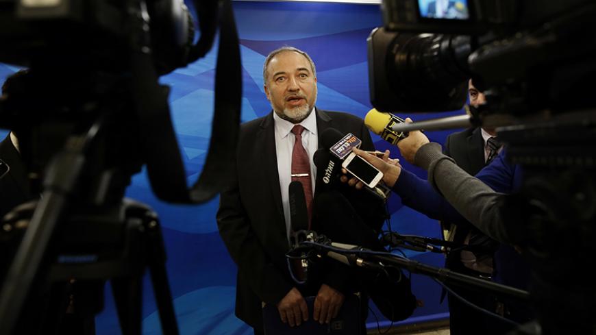 Israeli Foreign Minister Avigdor Lieberman speaks to the press prior to the weekly cabinet meeting in Jerusalem on December 28, 2014. AFP PHOTO/POOL/GALI TIBBON        (Photo credit should read GALI TIBBON/AFP/Getty Images)