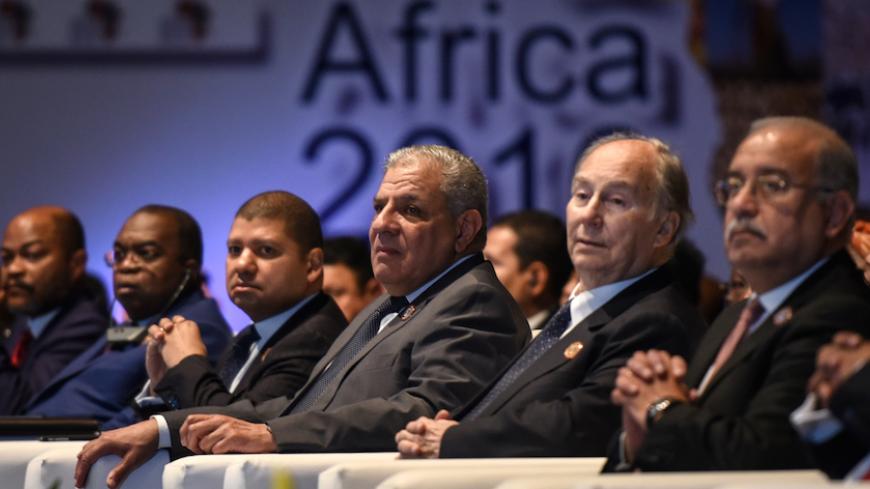 Ibrahim Mahlab (C), presidential adviser for national projects, attends the Africa 2016 forum on February 20, 2016, in the Red Sea resort of Sharm el-Sheikh.
More than 1,200 delegates including some heads of state will negotiate business agreements for the next two days at the Red Sea resort of Sharm el-Sheikh, to attract private sector investments in Africa. / AFP / MOHAMED EL-SHAHED        (Photo credit should read MOHAMED EL-SHAHED/AFP/Getty Images)