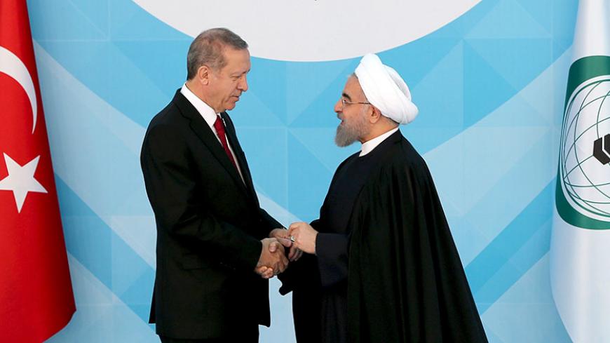 Turkish President Tayyip Erdogan (L) welcomes his Iranian counterpart Hassan Rouhani during the Organisation of Islamic Cooperation (OIC) Istanbul Summit in Istanbul, Turkey April 14, 2016. REUTERS/Berk Ozkan/Pool      TPX IMAGES OF THE DAY      - RTX29X07