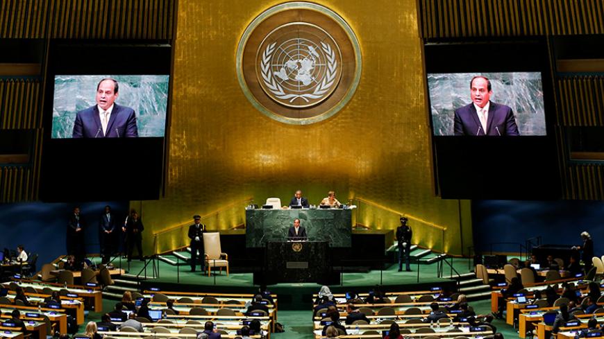 Egyptian President Abdel Fattah al-Sisi addresses the United Nations General Assembly in the Manhattan borough of New York, U.S. September 20, 2016.   REUTERS/Eduardo Munoz - RTSOOE8