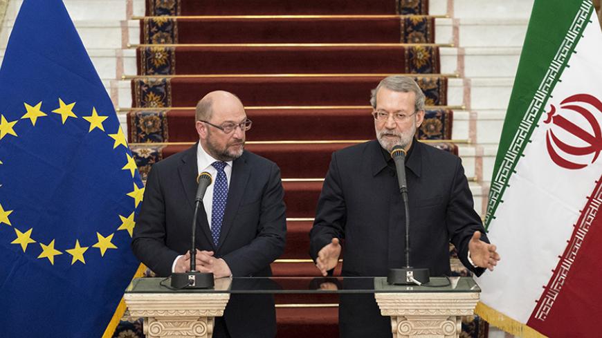 Iran's parliament speaker Ali Larijani (R) gestures as he speaks during a joint news conference with European Parliament President Martin Schulz, in Tehran November 7, 2015. REUTERS/Raheb Homavandi/TIMA ATTENTION EDITORS - THIS IMAGE WAS PROVIDED BY A THIRD PARTY. FOR EDITORIAL USE ONLY.      TPX IMAGES OF THE DAY      - RTS5WU9