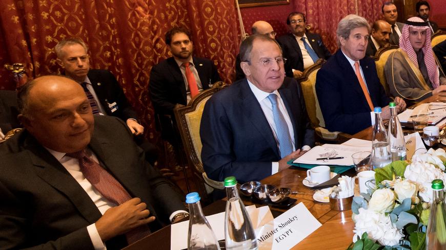 (From L-R), Egypt's Foreign Minister Sameh Shoukry, Russia's Foreign Minister Sergei Lavrov, U.S. Secretary of State John Kerry, Saudi Arabia's Foreign Minister Adel al-Jubeir, Qatar's Foreign Minister Sheikh Mohammed bin Abdulrahman al-Thani, Iraq's Foreign Minister Ibrahim al-Jaafari, Iran's Foreign Minister Mohammad Javad Zarif, Staffan de Mistura, UN Special Envoy of the Secretary-General for Syria, Turkey's Foreign Affairs Minister Mevlut Cavusoglu, Jordan's Foreign Minister Nasser Judeh, speak togethe