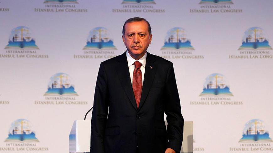 Turkish President Tayyip Erdogan attends the International Istanbul Law Congress in Istanbul, Turkey, October 17, 2016. REUTERS/Murad Sezer - RTX2P589