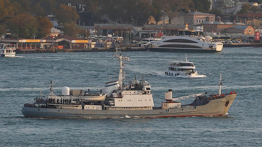 Russian Navy's reconnaissance ship Liman of the Black Sea fleet sails in the Bosphorus, on its way to the Mediterranean Sea, in Istanbul, Turkey, October 21, 2016. REUTERS/Murad Sezer - RTX2PW0Q