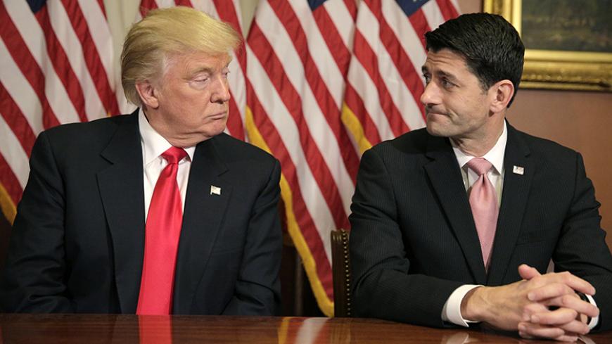 U.S. President-elect Donald Trump (L) meets with Speaker of the House Paul Ryan (R-WI) on Capitol Hill in Washington, U.S., November 10, 2016. REUTERS/Joshua Roberts - TPX IMAGES OF THE DAY  - RTX2T38N