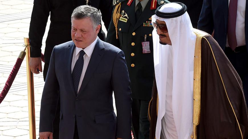 Saudi King Salman bin Abdulaziz (R) welcomes his Jordanian counterpart, King Abdullah II, at King Khalid International airport in Riyadh, on November 10, 2015. Arab leaders and top officials from South America are converging on Saudi Arabia for a summit aiming to strengthen ties between the geographically distant but economically powerful regions. AFP PHOTO / FAYEZ NURELDINE        (Photo credit should read FAYEZ NURELDINE/AFP/Getty Images)