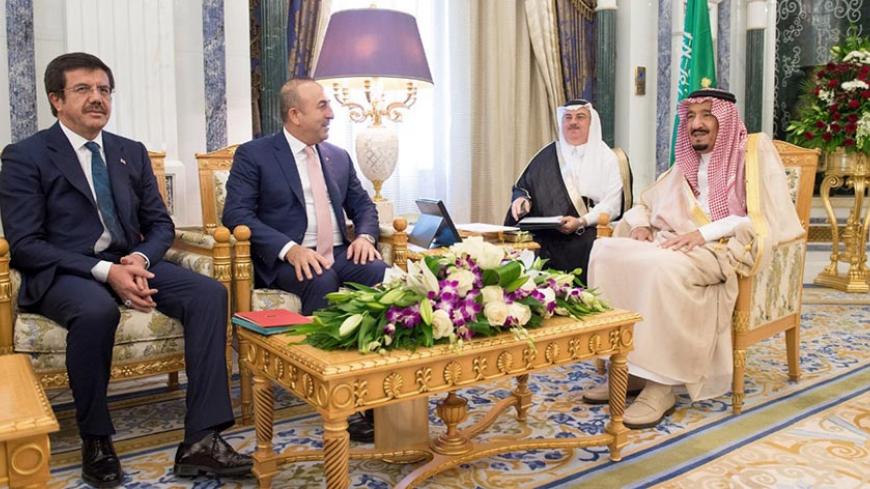 Saudi King Salman (R) meets Turkish Foreign Minister Mevlut Cavusoglu and Turkish Economy Minister Nihat Zeybekci (L) in Riyadh, Saudi Arabia October 13, 2016. Saudi Press Agency/Handout via REUTERS ATTENTION EDITORS - THIS PICTURE WAS PROVIDED BY A THIRD PARTY. FOR EDITORIAL USE ONLY. NO RESALES. NO ARCHIVE.  - RTSS3FP