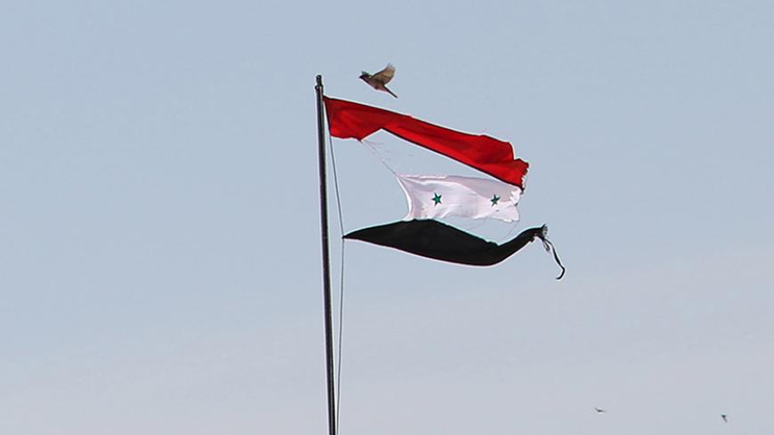 A bird flies near a torn Syrian national flag in the city of Qamishli, Syria April 21, 2016. REUTERS/Rodi Said - RTX2B18P