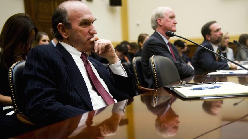Senior Fellow for Middle Eastern studies at the council on Foreign Relations Elliott Abrams (L), President of the International Republican Institute Lorne Craner (C) and Executive Director of the Washington Institute for Near East Policy Robert Satloff (L) testifies before the House Foreign Affairs Committee on Capitol Hill in Washington, DC, February 9, 2011 on the recent developments in Egypt and Lebanon.                AFP PHOTO/Jim WATSON (Photo credit should read JIM WATSON/AFP/Getty Images)