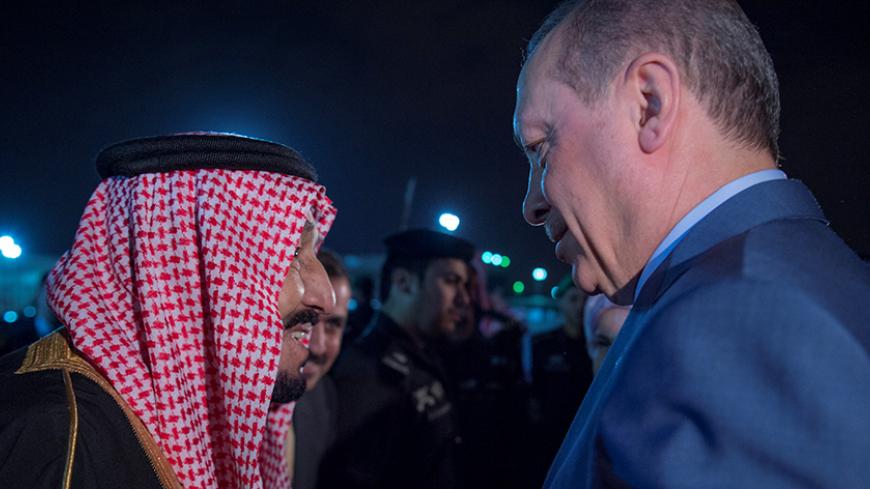 Saudi King Salman welcomes Turkish President Tayyip Erdogan in Riyadh, Saudi Arabia February 13, 2017. Bandar Algaloud/Courtesy of Saudi Royal Court/Handout via REUTERS ATTENTION EDITORS - THIS PICTURE WAS PROVIDED BY A THIRD PARTY. FOR EDITORIAL USE ONLY. - RTSYHV6