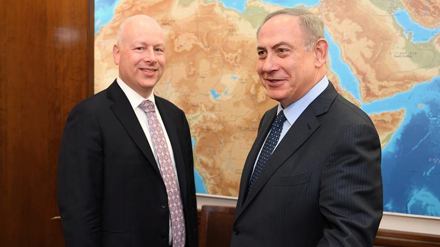 Jason Greenblatt (L), U.S. President Donald Trump's Middle East envoy meets Israeli Prime Minister Benjamin Netanyahu at the Prime Ministerís Office in Jerusalem March 13, 2017. Picture taken March 13, 2017. Courtesy Matty Stern/U.S. Embassy Tel Aviv/Handout via REUTERS     ATTENTION EDITORS - THIS IMAGE WAS PROVIDED BY A THIRD PARTY. EDITORIAL USE ONLY - RTX319T3