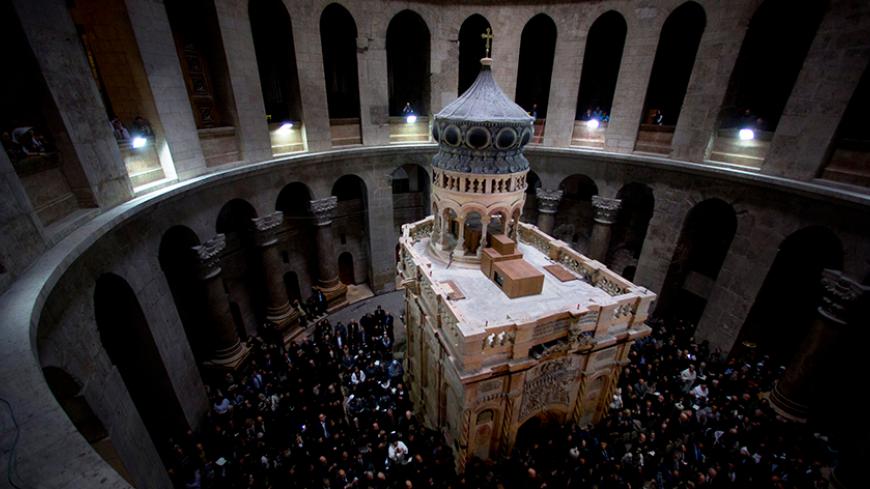 The restored Edicule is seen during a ceremony marking the end of restoration work on the site of Jesus's tomb, in the Church of the Holy Sepulchre, in Jerusalem's Old City March 22, 2017. REUTERS/Sebastian Scheiner/Pool  TPX IMAGES OF THE DAY - RTX324T0