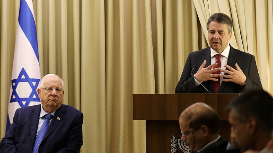 German Foreign Minister Sigmar Gabriel speaks during his meeting with Israeli President Reuven Rivlin in Jerusalem April 25, 2017.  REUTERS/ Ronen Zvulun - RTS13UDU