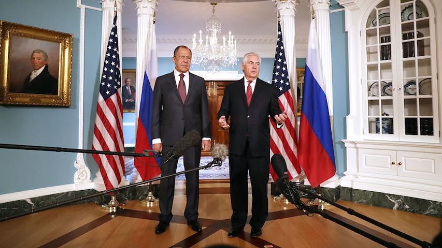 WASHINGTON, DC - MAY 10:  Russian Foreign Minister Sergey Lavrov (L) and U.S. Secretary of State Rex Tillerson talk to reporters in the Treaty Room before heading into meetings at the State Department May 10, 2017 in Washington, DC. Tillerson is hosting Lavrov to discuss Syria, Ukraine and other bilaterial issues, according to the State Department.  (Photo by Chip Somodevilla/Getty Images)