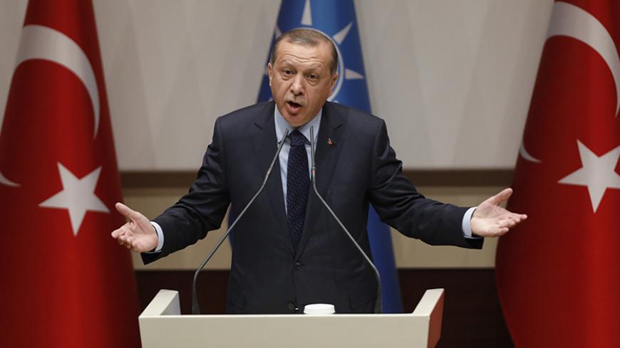 Turkish President Tayyip Erdogan makes a speech at the ruling AK Party's headquarters in Ankara, Turkey, May 2, 2017. REUTERS/Umit Bektas - RTS14S9L