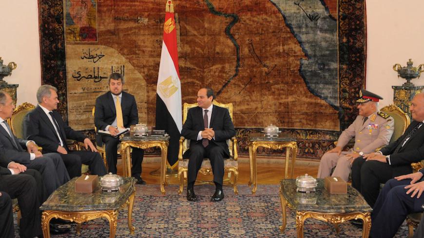 Egyptian President Abdel Fattah al-Sisi (C) meets with Russian Foreign Minister Sergei Lavrov (L), Russian Defence Minister Sergei Shoigu (2nd L), Egypt's Foreign Minister Sameh Shoukry (R) and Egypt's Minister of Defense Sedki Sobhi (2nd R) at the Ittihadiya presidential palace in Cairo, Egypt May 29, 2017 in this handout picture courtesy of the Egyptian Presidency. The Egyptian Presidency/Handout via REUTERS ATTENTION EDITORS - THIS IMAGE WAS PROVIDED BY A THIRD PARTY. EDITORIAL USE ONLY. - RTX3854D