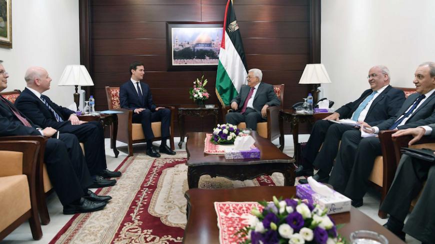 Palestinian President Mahmoud Abbas meets with White House senior advisor Jared Kushner in the West Bank City of Ramallah June 21, 2017. Thaer Ghanaim/PPO/Handout via REUTERS - RTS183ES