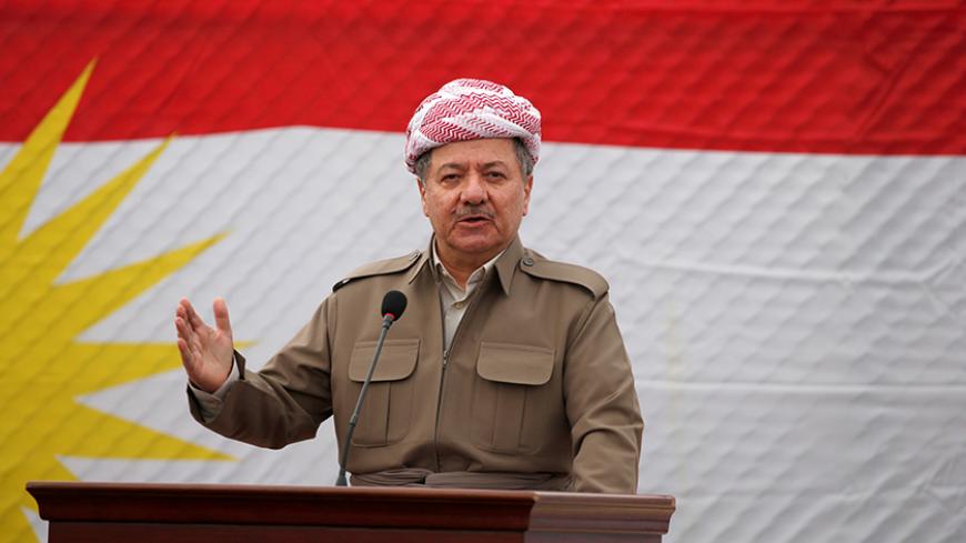 Kurdish Regional Government President Masoud Barzani speaks to the media during his visits in the town of Bashiqa, after it was recaptured from the Islamic State, east of Mosul, Iraq, November 16, 2016. REUTERS/Azad Lashkari - RTX2TYYB