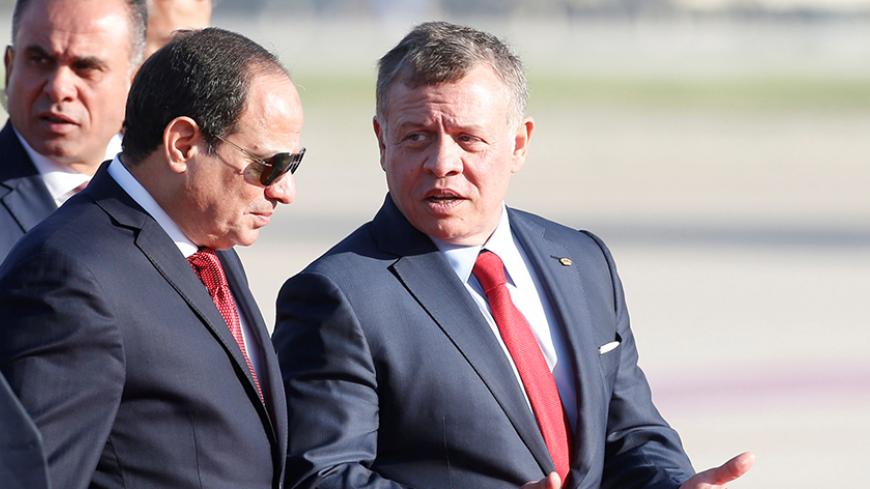 Jordan's King Abdullah II welcomes Egypt's President Abdel Fattah al-Sisi during a reception ceremony at the Queen Alia International Airport in Amman, Jordan March 28, 2017. REUTERS/Muhammad Hamed - RTX336E2