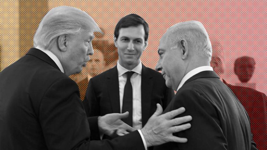 Israel's Prime Minister Benjamin Netanyahu and U.S. President Donald Trump chat as White House senior advisor Jared Kushner is seen in between them, during their meeting at the King David hotel in Jerusalem May 22, 2017. Kobi Gideon/Courtesy of Government Press Office/Handout via Reuters THIS PICTURE WAS PROVIDED BY A THIRD PARTY. FOR EDITORIAL USE ONLY. NOT FOR SALE FOR MARKETING OR ADVERTISING CAMPAIGNS. ISRAEL OUT. NO SALES IN ISRAEL - RTX372DP