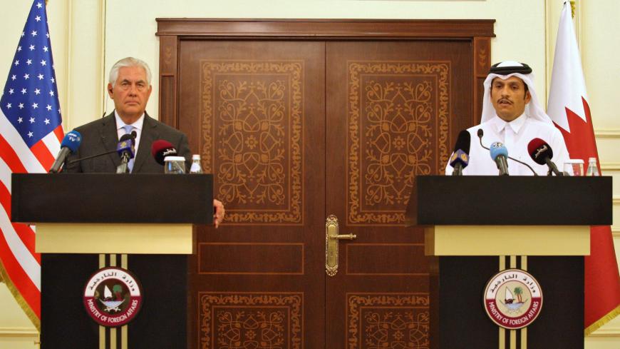 Qatar's foreign minister Sheikh Mohammed bin Abdulrahman al-Thani (R) and U.S. Secretary of State Rex Tillerson attend a joint news conference in Doha, Qatar, July 11, 2017. REUTERS/Naseem Zeitoon - RTX3B08M