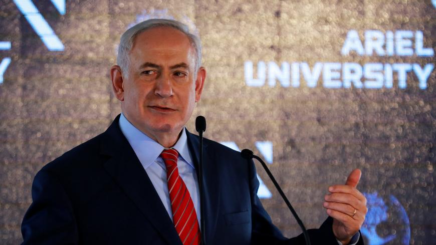 Israeli Prime Minister Benjamin Netanyahu speaks at a cornerstone-laying ceremony for the Miriam and Sheldon Adelson Health and Medical Sciences School building, at Ariel University, in the Israeli settlement of Ariel in the occupied West Bank June 28, 2017. REUTERS/Amir Cohen - RC13C8037510
