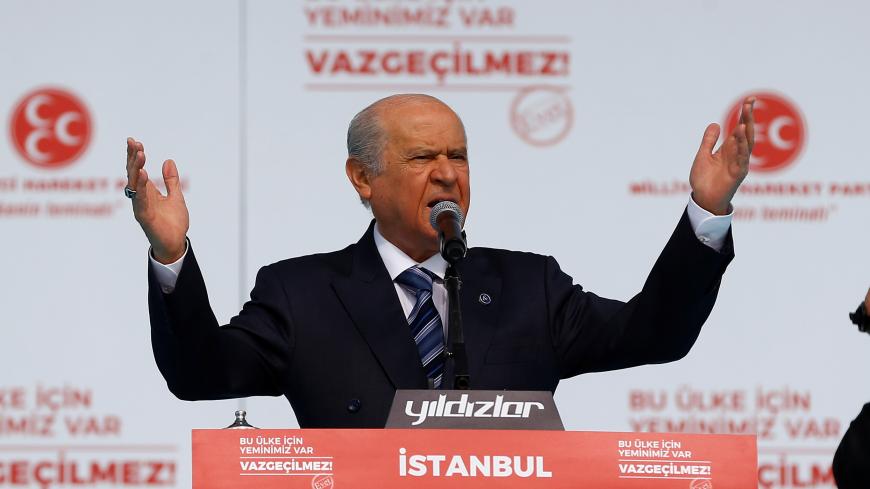 Nationalist Movement Party (MHP) leader Devlet Bahceli addresses his supporters during a rally for the upcoming referendum, in Istanbul, Turkey, April 9, 2017. REUTERS/Osman Orsal - RC1C00872BD0