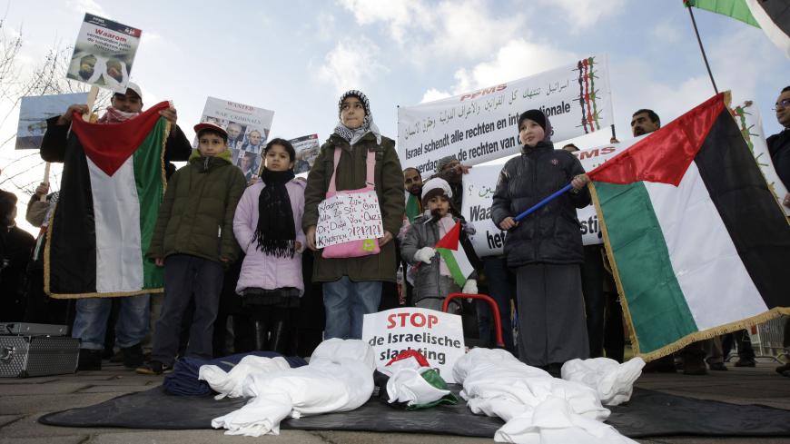 Pro-Palestinian protesters rally outside the International Criminal Court (ICC) in The Hague January 14, 2009. A Palestinian rights group called on the International Criminal Court (ICC) in The Hague on Wednesday to investigate Israel for committing war crimes during its 19-day-old offensive in the Gaza Strip. REUTERS/Ronald Fleurbaaij (NETHERLANDS) - GM1E51F025302